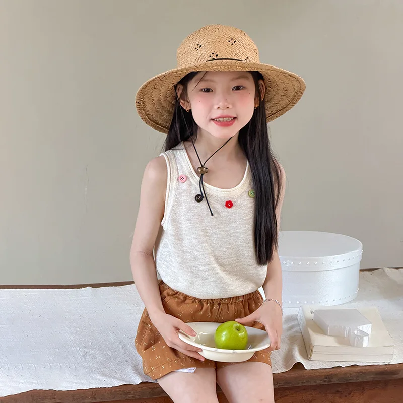 Girls Summer Colorful Buckle Breathable Mesh Thin Soft Lightweight Knitted Tank Top 2026 Summer New Versatile Top