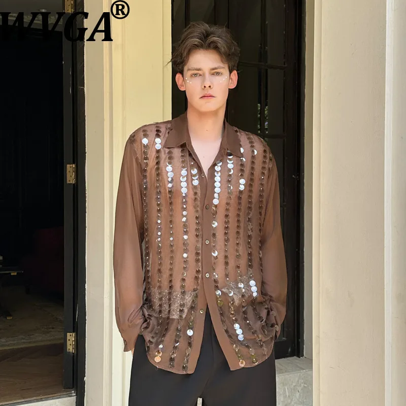 WVGA Spring  Autumn New Men's Sequin Trendy Long Sleeved Shirt Unique Design Turn-down Collar Ncihe Semi-Transparent Tops W26692