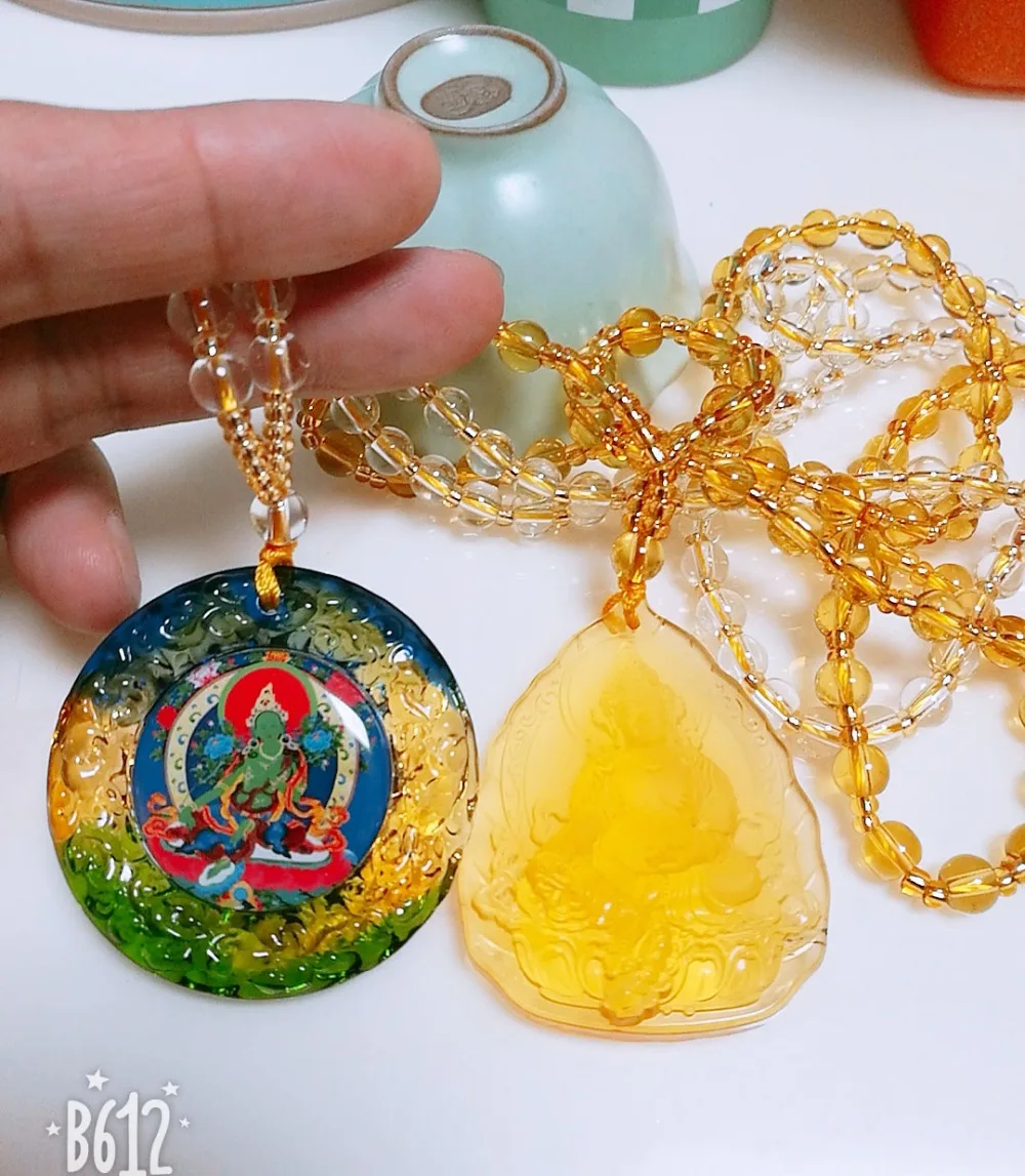 2PCS TOP Buddhist ornaments pocket travel efficacious talisman Green Tara Yellow Jambhala Buddha Crystal Mantra Pendant Amulet