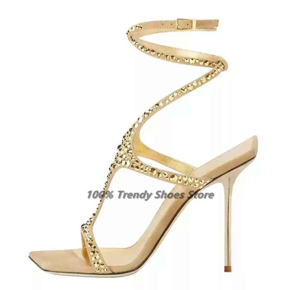 

Sexy Rhinestone High-heeled Sandals With Slim Heels and Exposed Toes Straight Strap Sandals Women's Ankle Straps Fashion Shoes