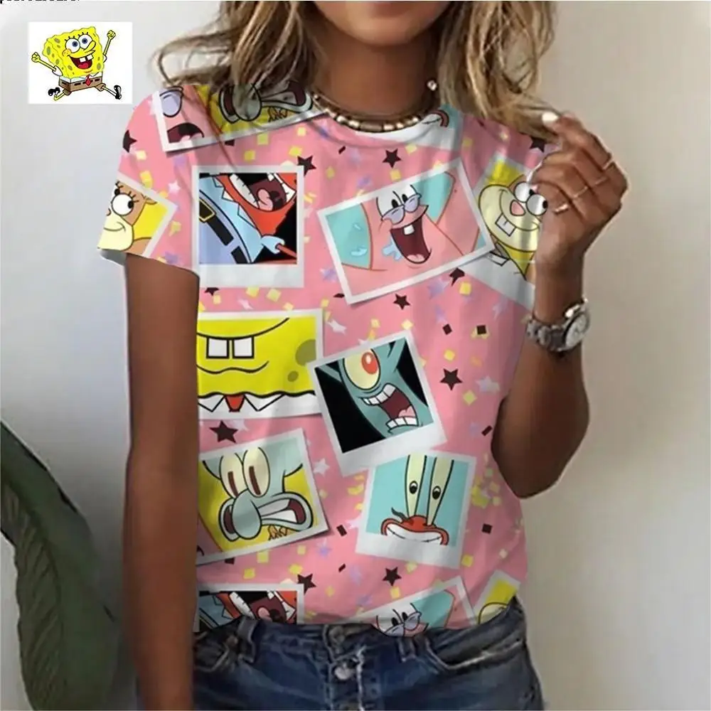 Summer Fashion Street Trend Retro Boutique women's short-sleeved Round Neck T-shirt 3D Printed Disney Spongebob Cute T-shirt