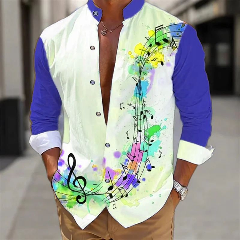 Men\'s shirt long-sleeved fashion cardigan music notes shirt Hawaiian 3D printed shirt XS-6XL super large size shirt comfortable