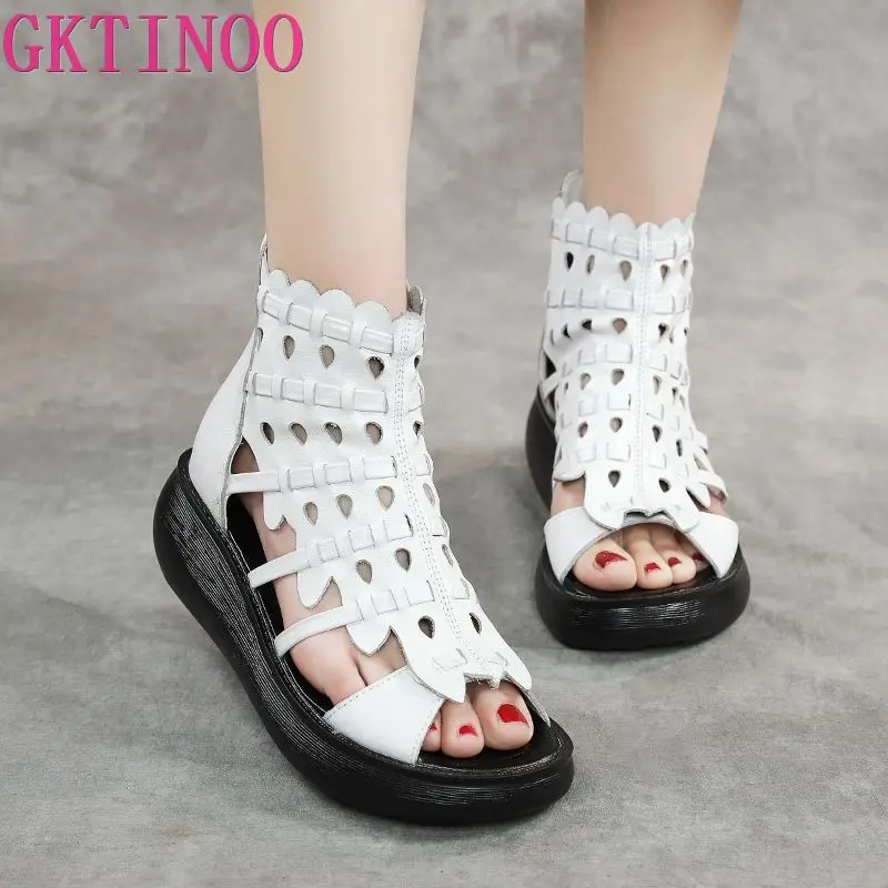 GKTINOO 2024 Summer Women Sandals Genuine Leather Wedges High Heel Platform Hollow Peep Toe Female Ladies Shoes Zapatos De Mujer