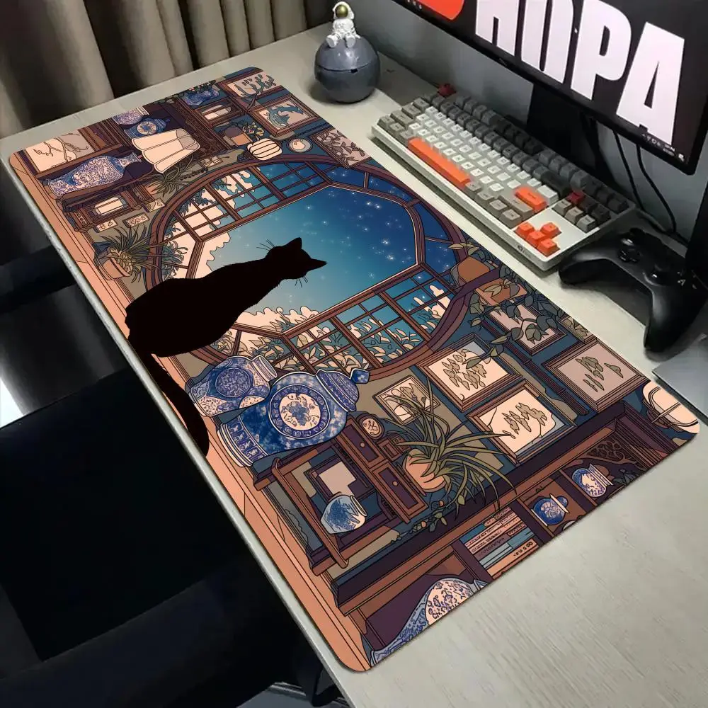 Vintage study room and cat Mouse Pad Desk Mat with Stitched Edge Non-Slip gaming mats pc accessories keyboard desk pad mauspad