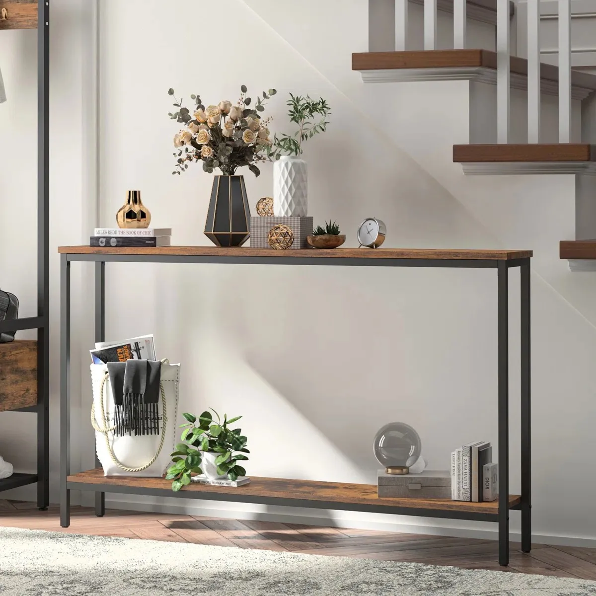 

Industrial Two-Tier Console Table with Wood Top & Metal Frame - 120cm Entryway Sofa Table with Storage Shelf
