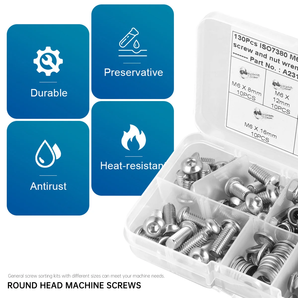 

130 шт., винты с круглой головкой из нержавеющей стали, болты, гайки, набор в ассортименте, шестигранные крепежные детали с полной резьбой, набор для оборудования