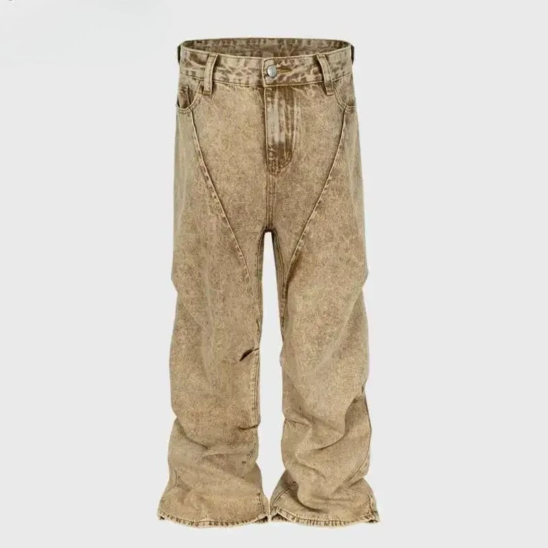 Men And Women High Street Deconstruct Wrinkle Twist Design Jeans Wide Leg Multi Size Denim Pants Trendy Safari Style
