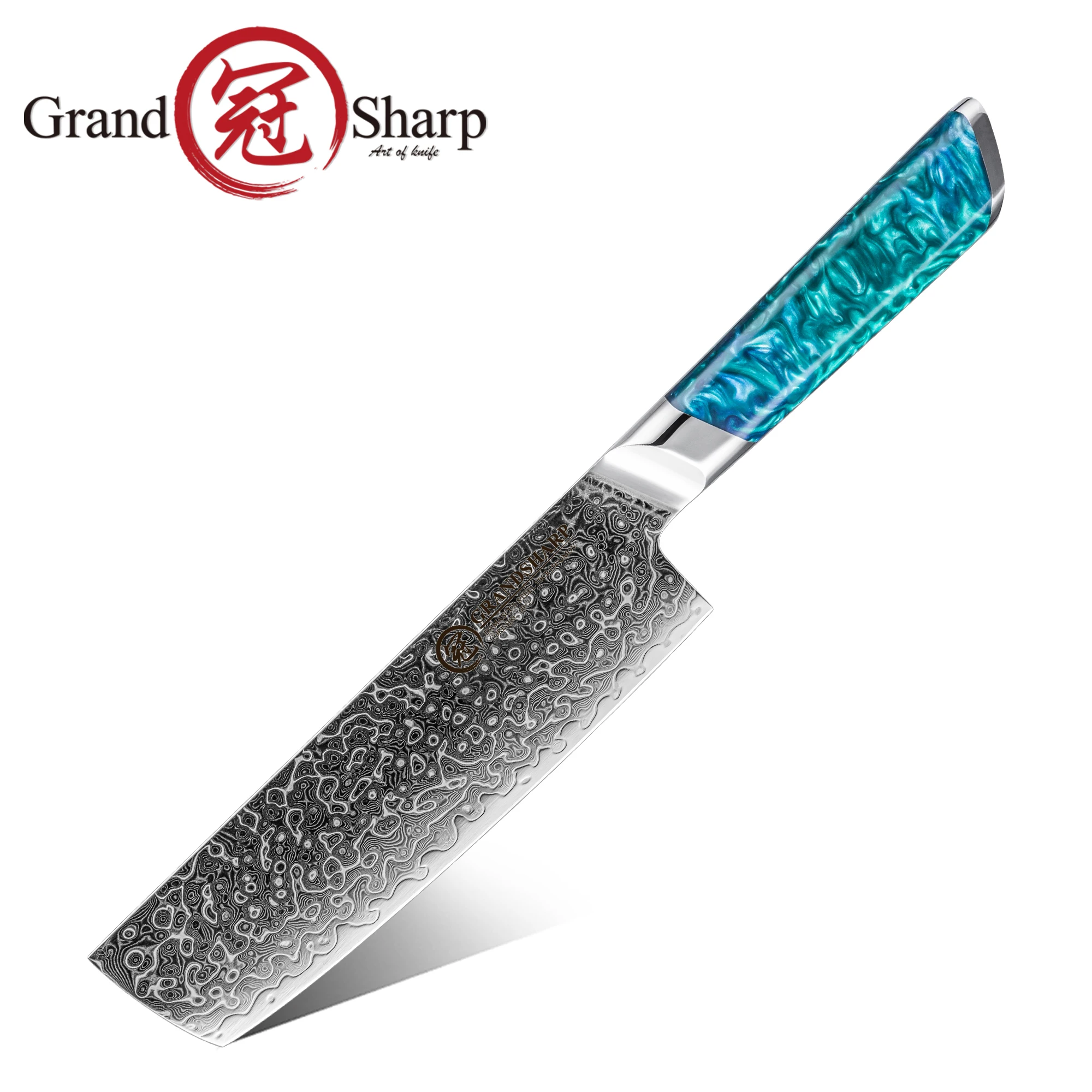 

Нож Grandsharp Накири 7 дюймов, 129 слоев, дамасская сталь 10Cr15MoV, синяя рукоятка из полимерной смолы, для нарезки, измельчения овощей, кухонный инструмент