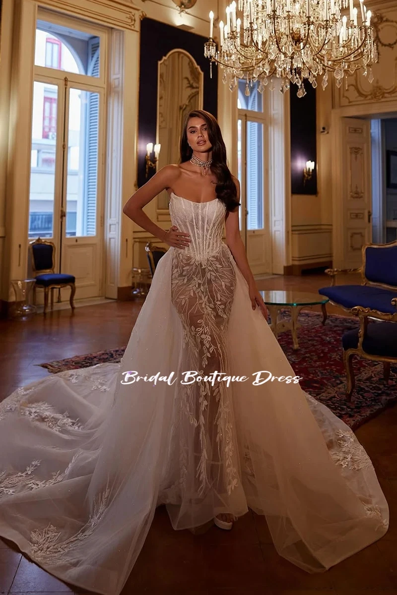 

Customized Sexy Mermaid Wedding Dress Detachable Train Bride Robe Appliques Bridal Dress Pearls Wedding Gown Vestido De Novia