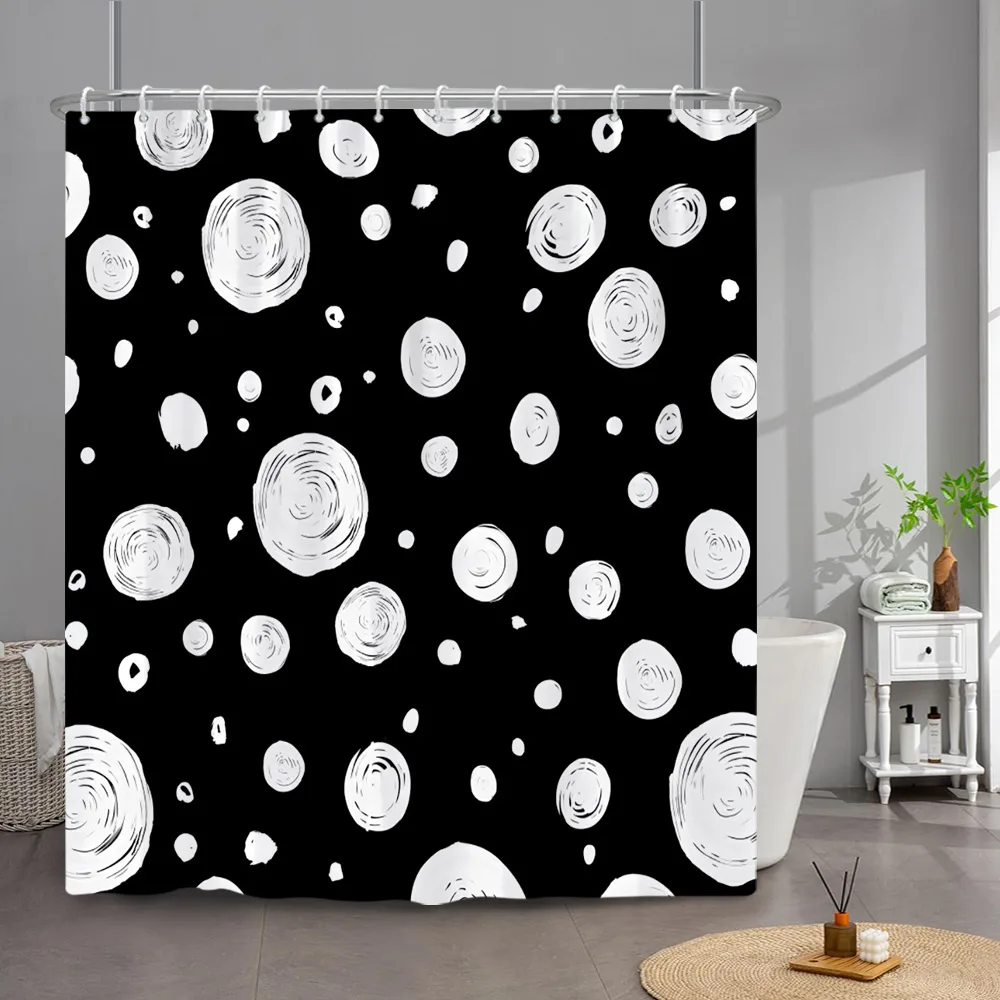 Black White Abstract Line Dot Cow Print Waterproof Fabric Shower Curtain For Bathroom Decor