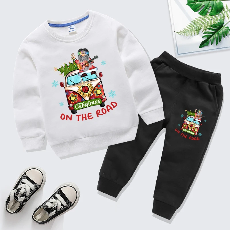 

7-14 Years Boys Girls Christmas Tracksuit Sets Santa Claus on The Road Print Cartoon Sweatshirt Trousers 2pc Set Kids Xmas Suit