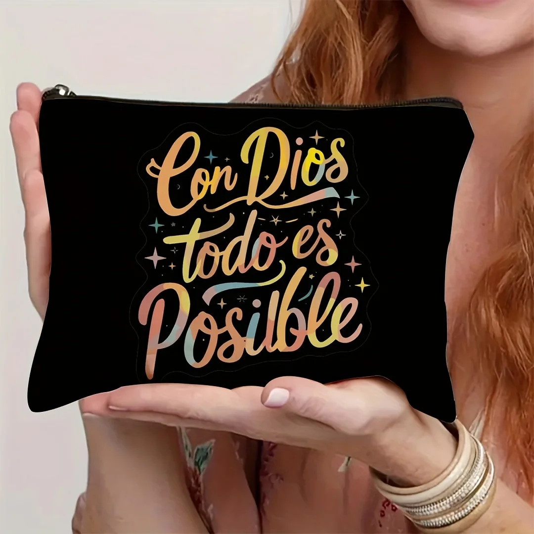 1pc Hot Selling Inspirational Spanish Bible Scripture Makeup Bag, Cosmetic Storage Bag, Aesthetic Accessory Pouch, Portable Toil