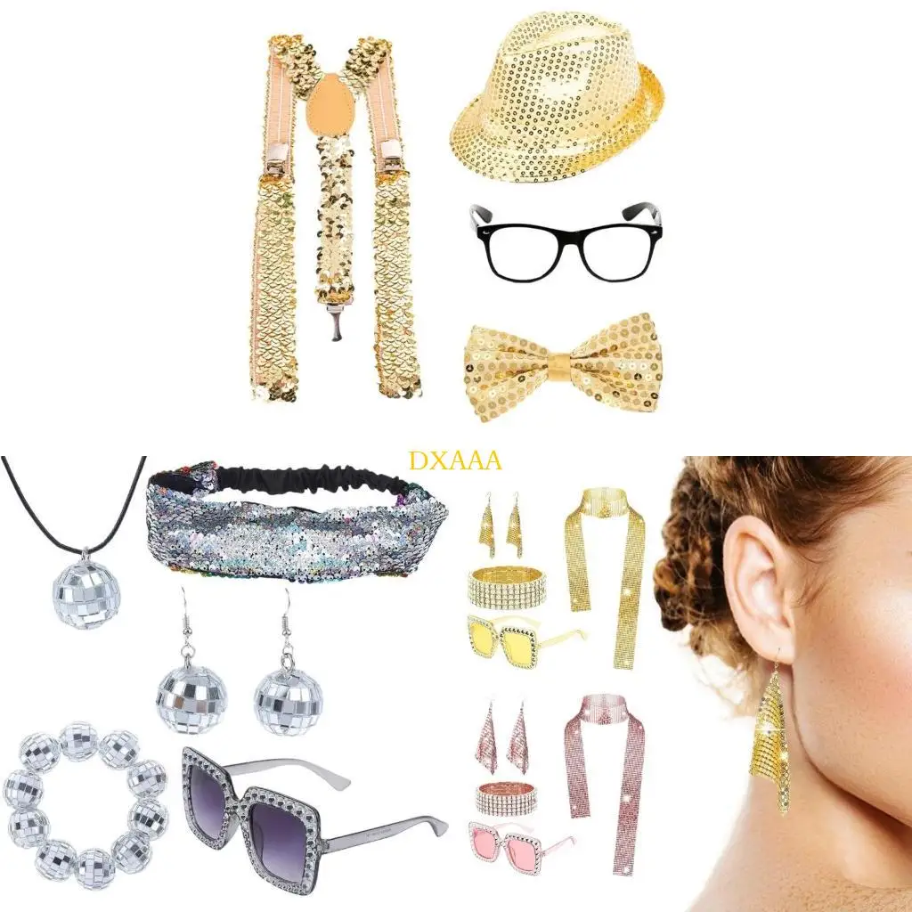 

DXAA 70s Disco Fancy Dress Set Bling Hat Bling Sunglasses Long Scarf Earring, and 70s Disco Accessories