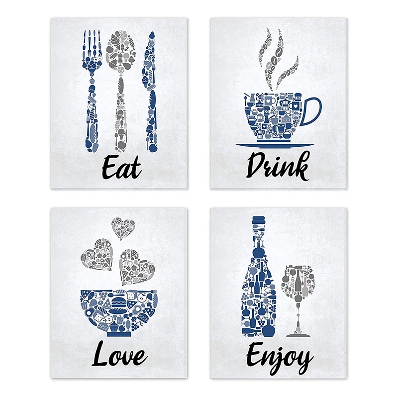 New Blue Navy Cobalt Grey White Vintage Inspirational Kitchen Restaurant Cafe Bar Wall Art Decorations Eat Drink Love Wine