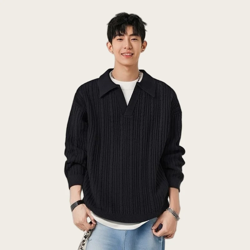 

Men's Autumn Winter High-End Feel Long Sleeve POLO Sweater Casual Loose Solid Color Knitwear Fake Two-Piece Style