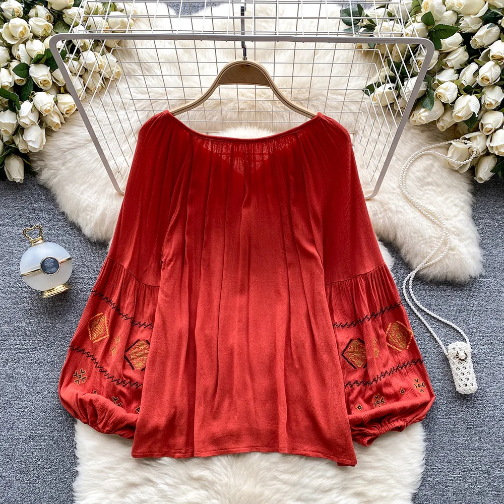 Croysier Boho Clothing Women Tops And Blouses Ethnic Bohemian Vintage Embroidery Blouse Long Sleeve Tassel Tie V Neck Loose Top