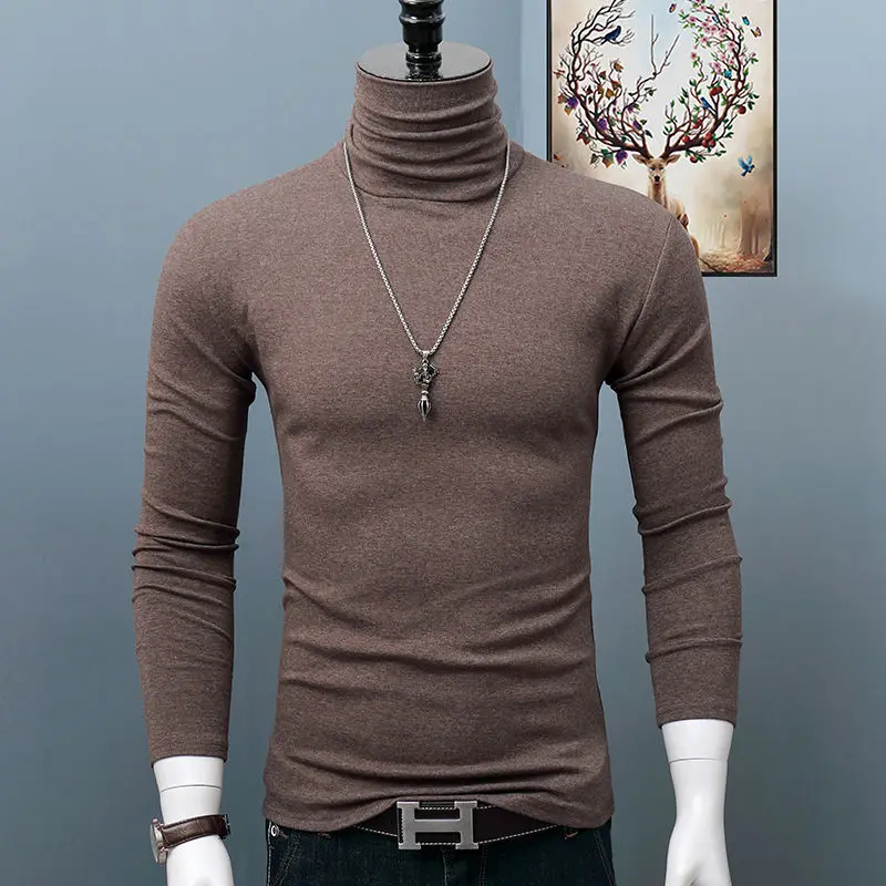 Men's Classic Autumn Winter Turtleneck T-Shirt Dark Red Stretch Casual Turtleneck Top Plus Size Long Sleeve Tee Shirts Young Men image 4