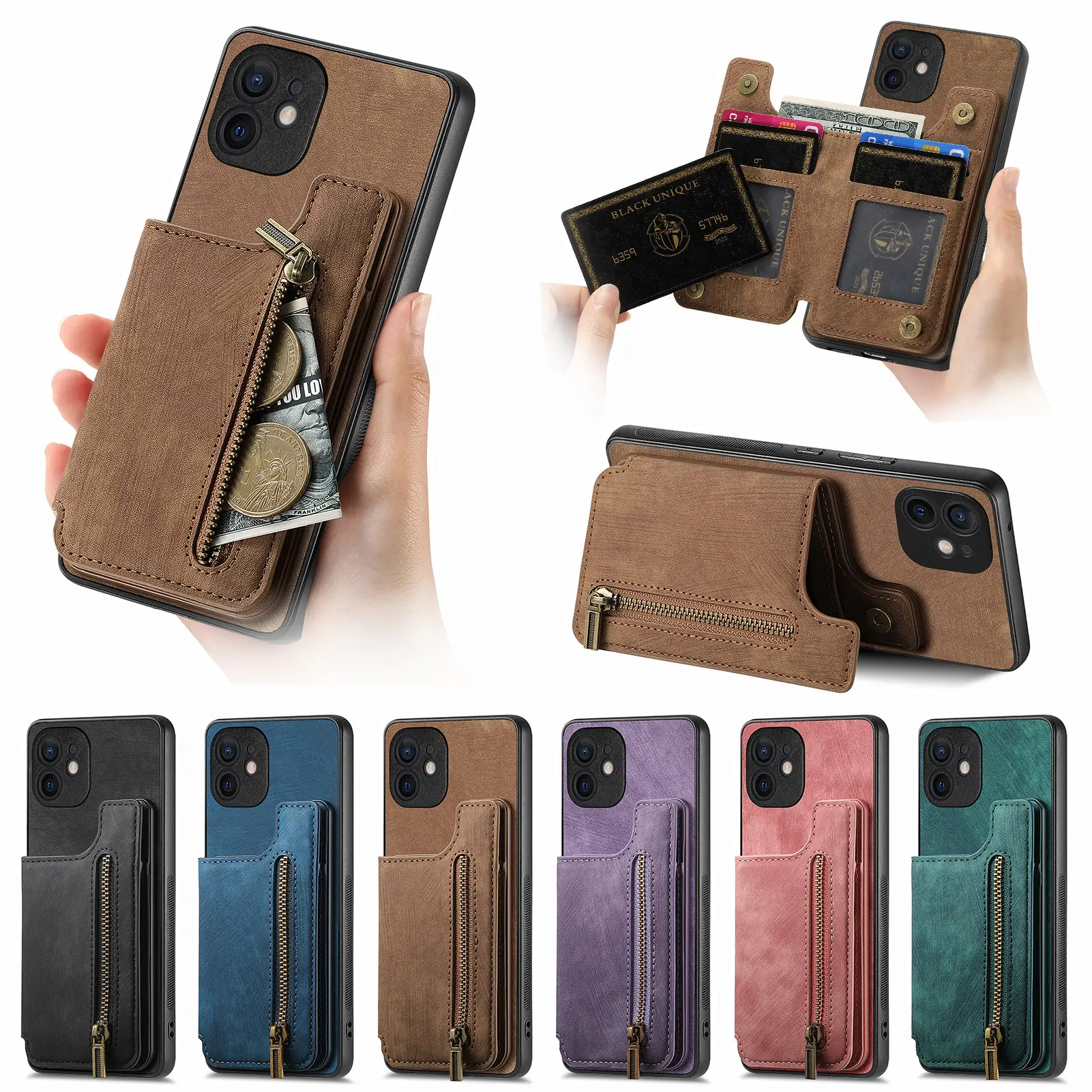 Flip retro leather Card slot Wallet Bracket Back Cover For Apple iPhone 12 Fall prevention Phone case For iPhone 12 Case 6.1"