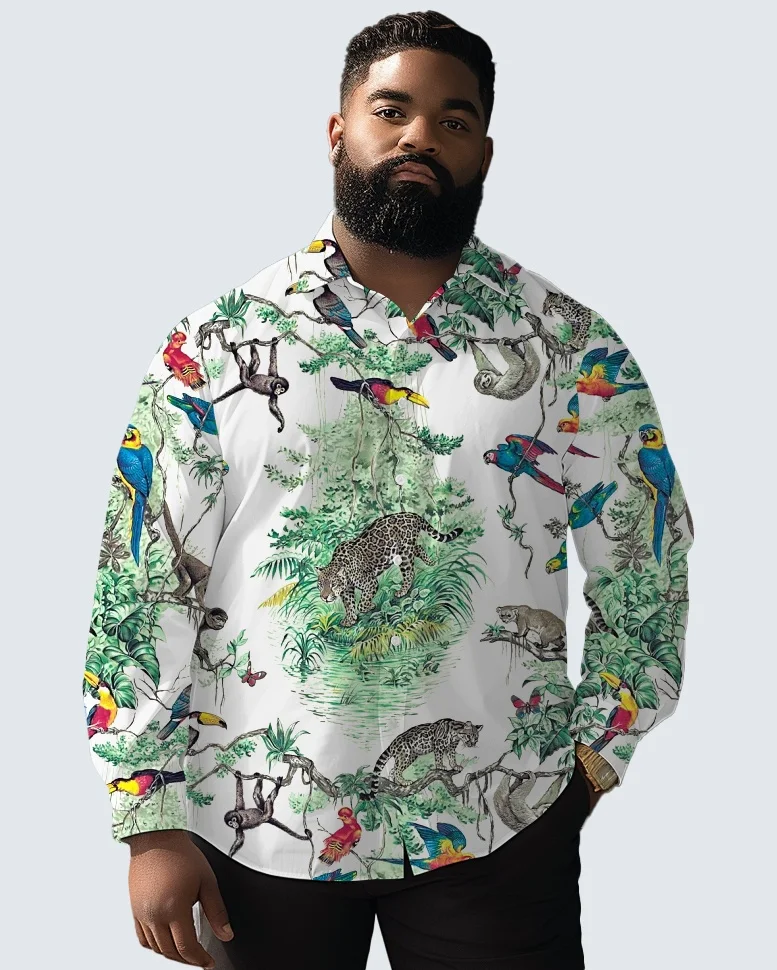 Men's Plus Size Long Sleeve Button-Up Shirt, Wildlife Prints with Animals and Scenic Designs on Light Backgrounds for Travel