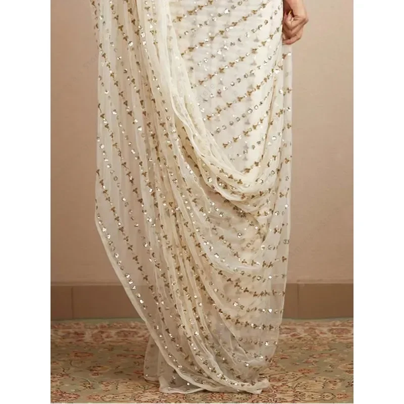 ساري هندي تقليدي للنساء زي رقص عرقي مطرز أداء بوليوود ساري مرحلة الزي فستان الهند بدون قطع علوية