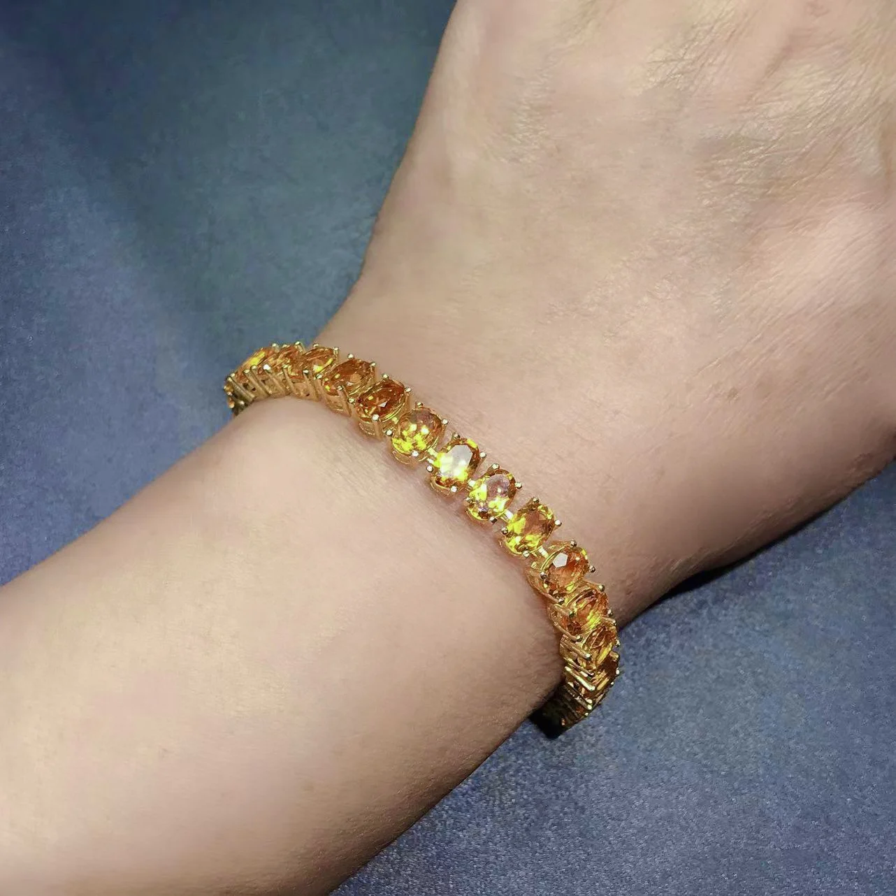 17cm 925 Silver Citrine Bracelet for Woman 29 Pieces 5*7mm Total 20ct Natural Citrine Silver Bracelet with 3 Layers Gold Plating