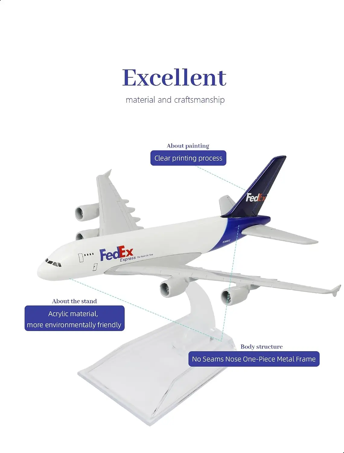 16cm Miniature Plane 1/400 Scale Fedex A380 Diecast Metal Airplane Model Toy Kit with Stand For Collection Display or Adult Gift