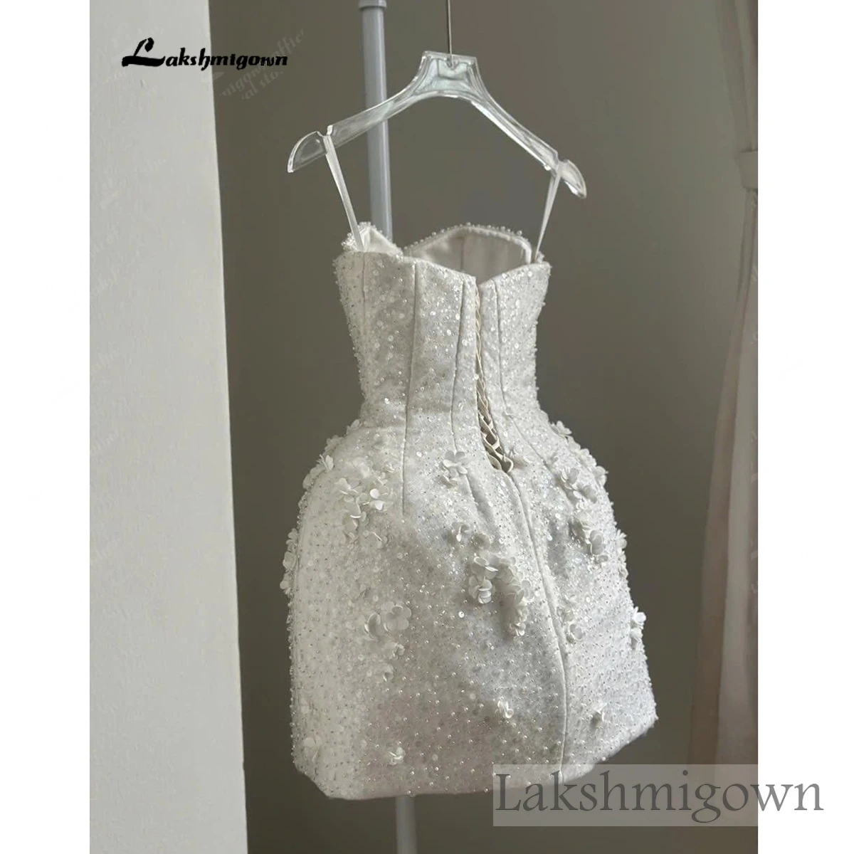 Lakshmigown Funkelndes Blumen-Mini-Hochzeitskleid Perlenkorsett Brautkleid 3D-Blumen-Empfangskleid Perlenbesetztes Braut-Minikleid Maßanfertigung – Detail 7