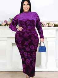 Plus Size Velvet Dresses Floral Printed High Neck Long Sleeve Bodycon Midi Length Outfits for Ladies Evening Party Gowns Winter