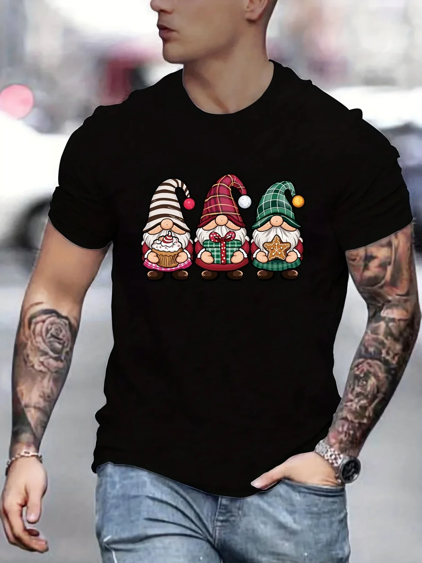 Men's Christmas Gnomes T-Shirt Cute Three Gnome Holding Cupcake Gift Gingerbread Man Graphic Short Sleeve Casual Holiday Shirt