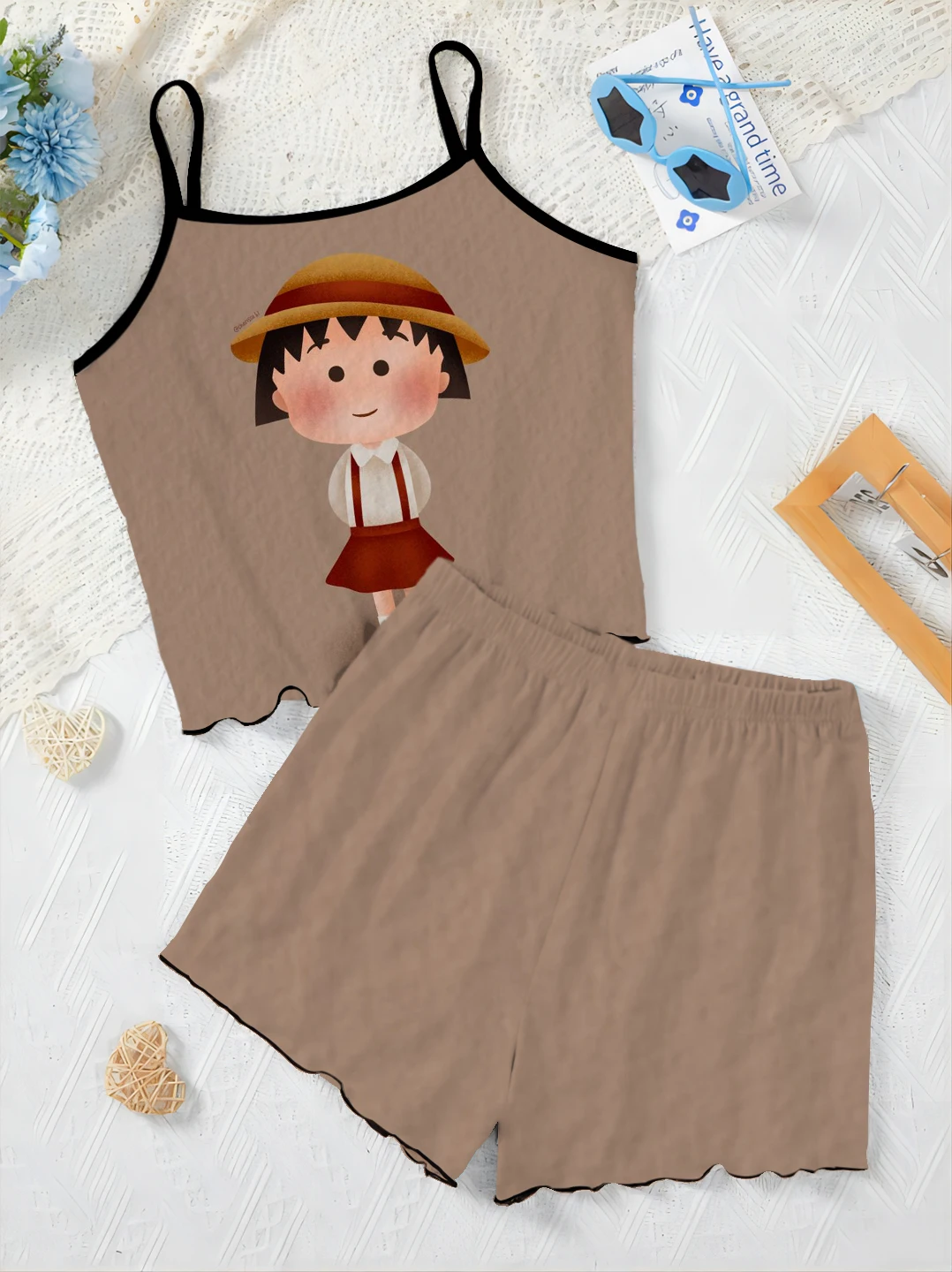 Slip Dress T-shirt Elegant Women's Sets Pajama Skirt Chibi Maruko-chan Lettuce Trim Top Pieces Short Summer Suit Home Dress Top