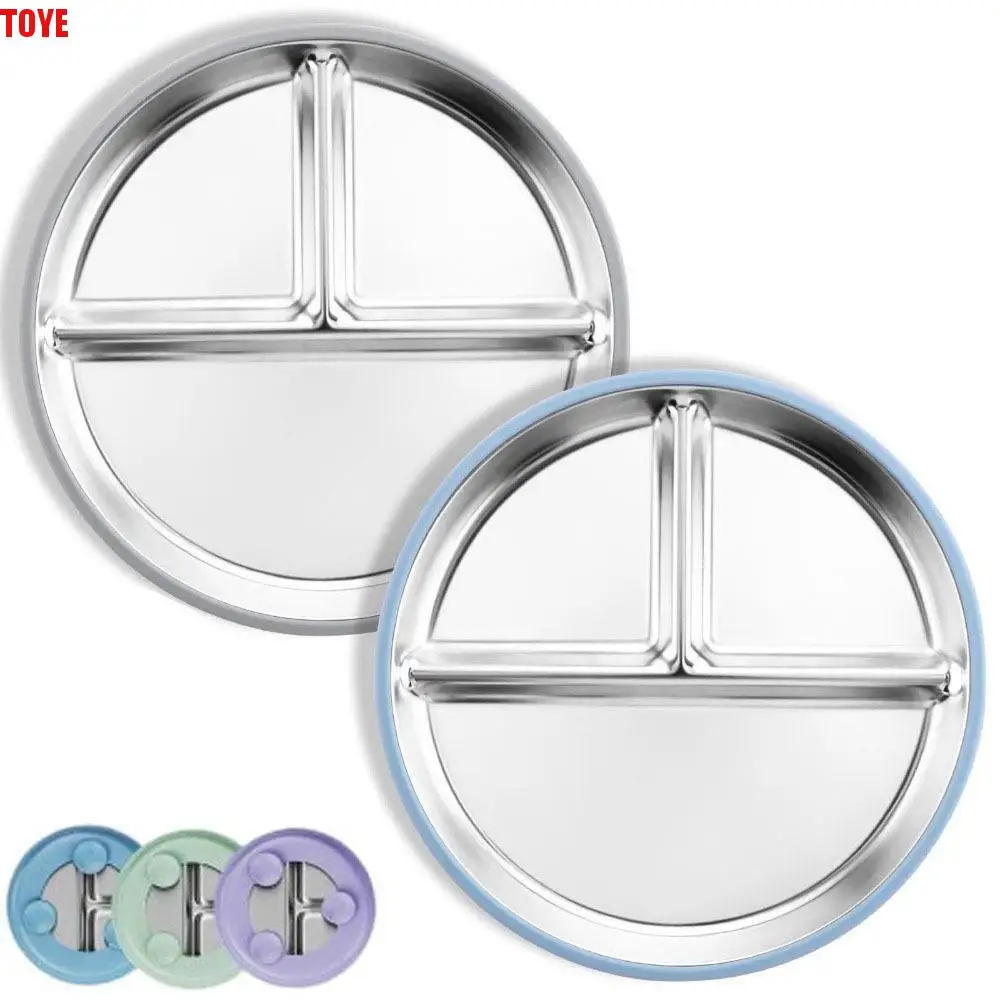 

Divided Design Baby Sucker Dining Plate 304 Stainless Steel Silicone Suction Cup Children 3 Grids Dishes Non-Slip Anti-fall
