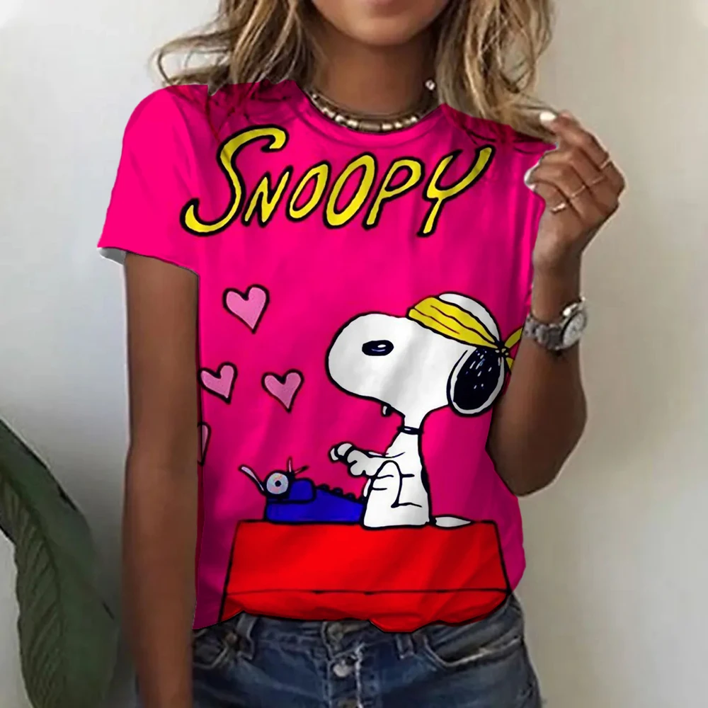 MINISO 스누피 프린트 여성 티셔츠 여성용 새 풀오버 o 넥 캐주얼 반소매 2025 Fashion Street Tops