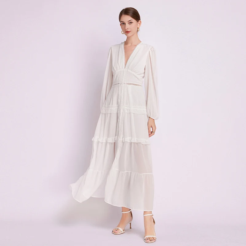 Lange Sve V-Ne Ruche Zoom Splice Grote Schommel Dr Nieuwe Herfst 2024 Ele Lady Sle Midi Rok Polyester Stof Lantaarn...