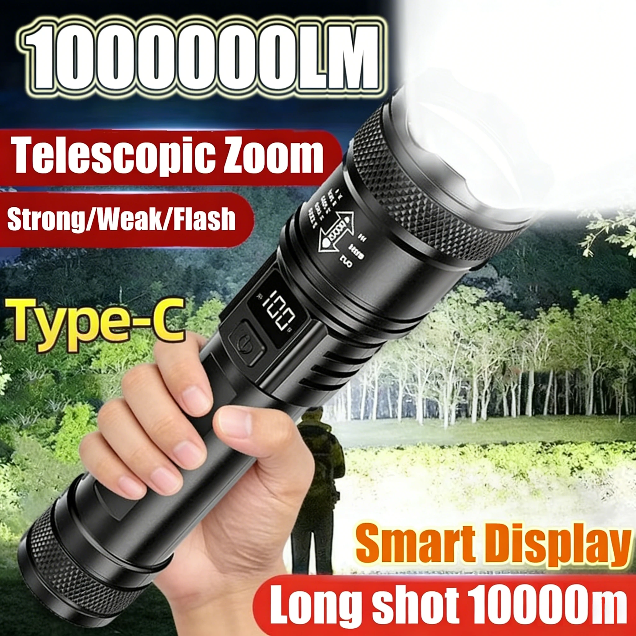 Hochleistungs-LED-Taschenlampe 1.000.000LM Taktische Taschenlampe mit Anzeigeleuchte USB-Aufladung Camping Angeln Notfall Zoom-Laterne