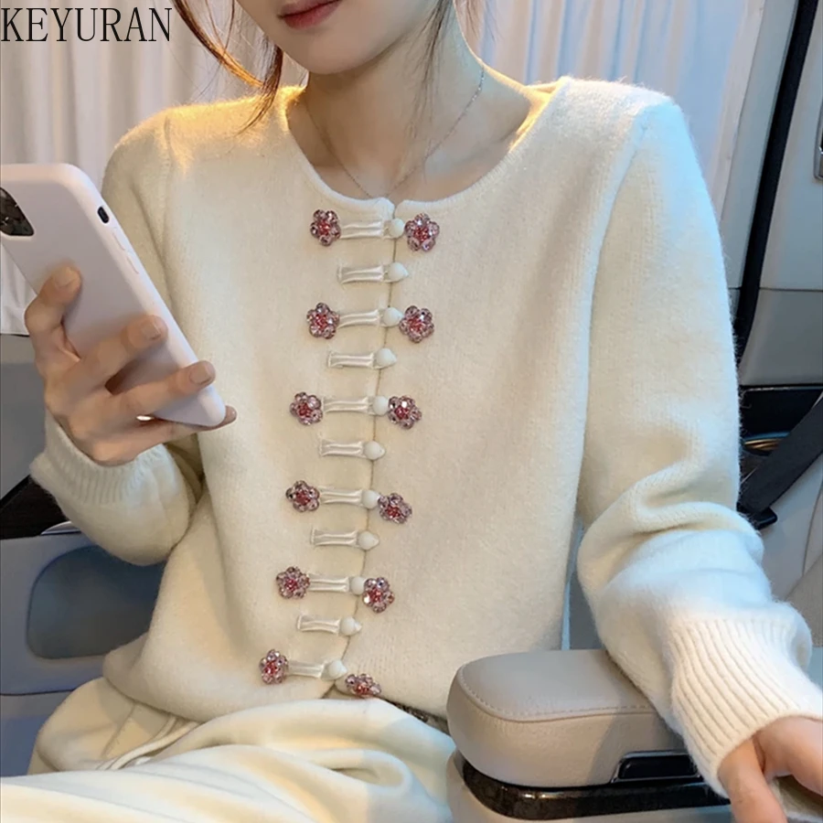 

2024 New Autumn Winter Rhinestone Double Breasted Knitted Cardigan Sweater Women Korean Fashion O-Neck Long Sleeve Knitwear Coat