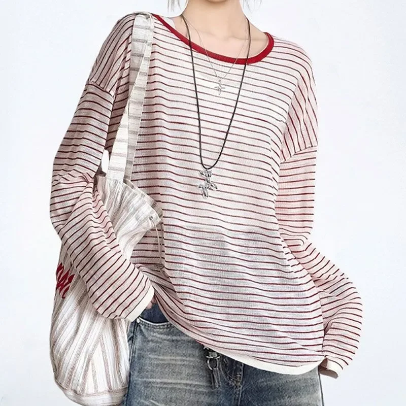 Striped Long Sleeve Top With Back Detail Casual Chic Women's Loose Fit V Neck T Shirt For Office And Night Out