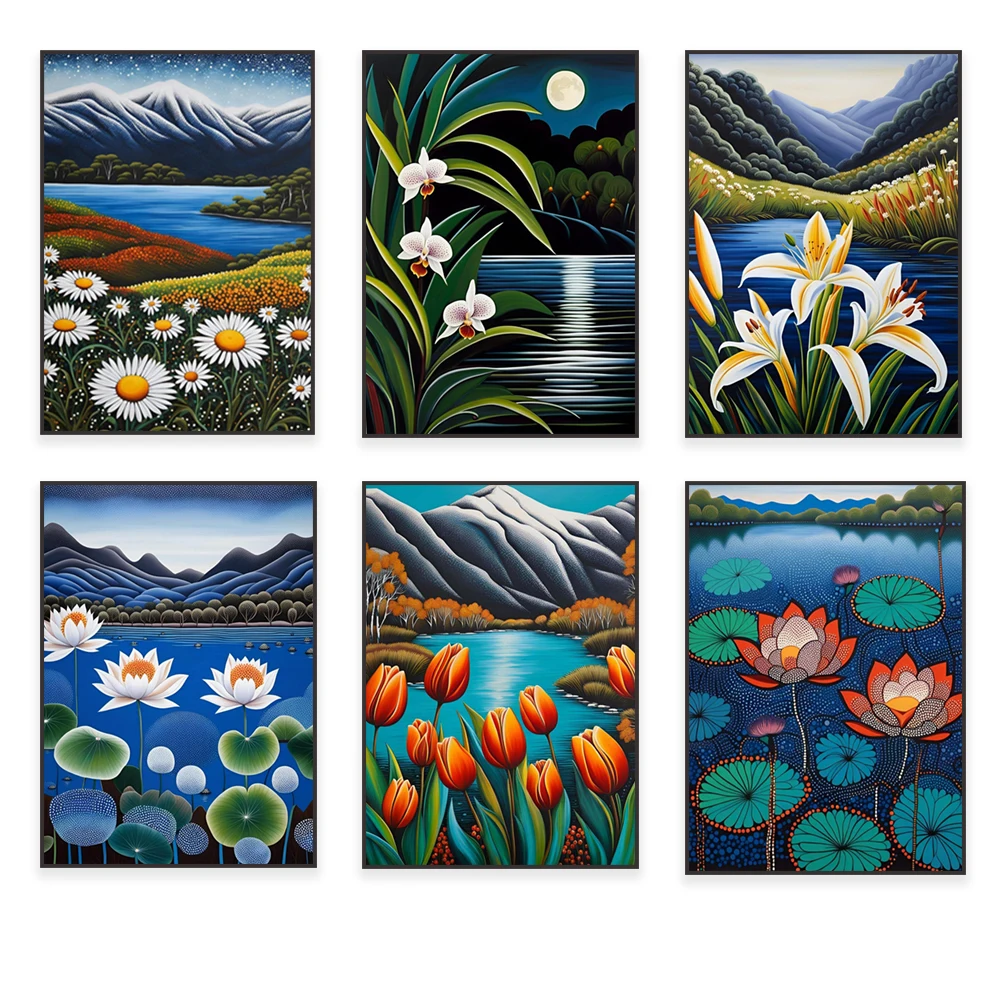 Orchidee, Gänseblümchen, Lotus, Tulpe, Seerose, Lilie, exotischer Blumenkunstdruck, wunderschönes Blumenlandschaftsposter, Fantasy-Naturkunst