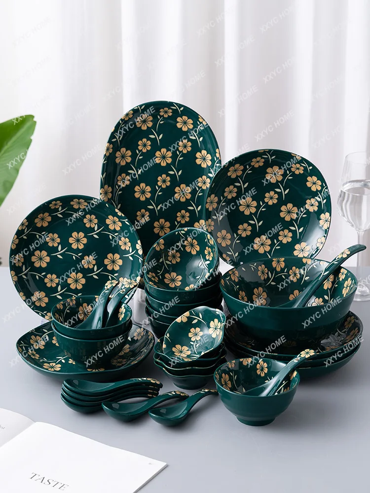 Ceramic Bowl and Dish Set Household Creative Bowls and Dishes Bowl Spoon Chopsticks Dark Green Tableware Combination