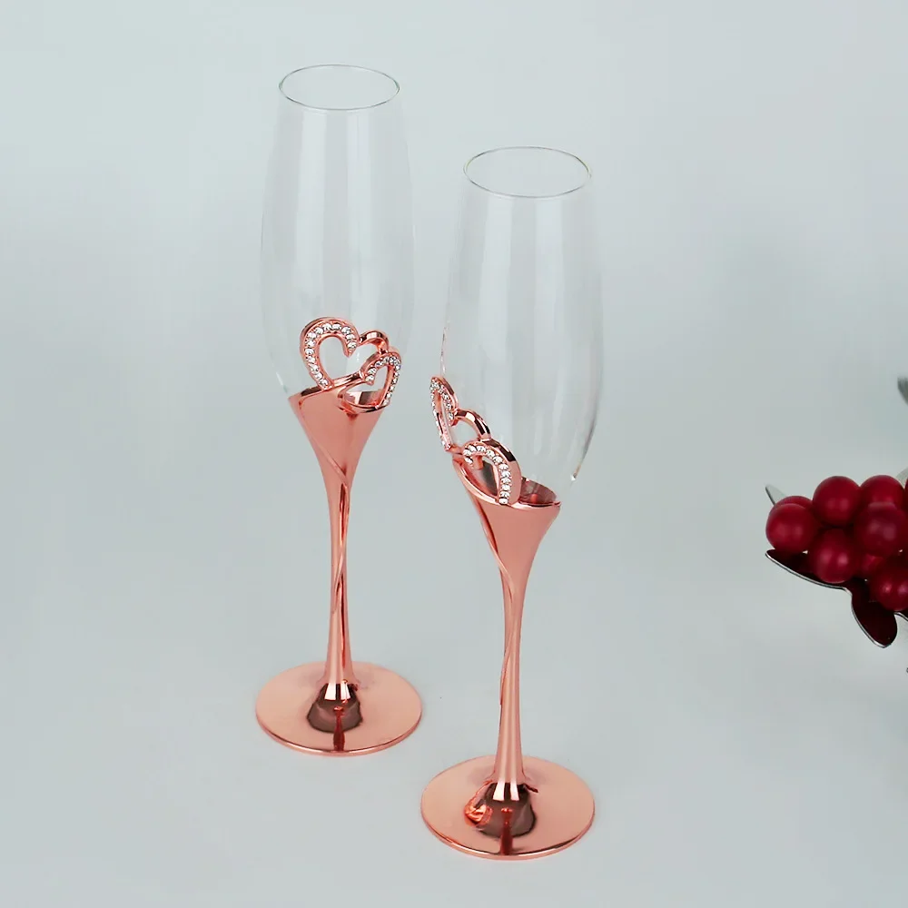 

Rose gold champagne glass high-footed set wedding gift to the heart-shaped diamond crystal glass red wine glass