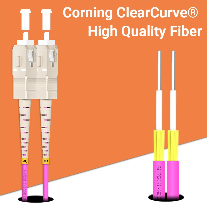 AMPCOM-Cable de fibra óptica OM4 SC a SC UPC, Cable de conexión multimodo Duplex MMF 50/125μm 40gbps, curva sensible, 2,0mm