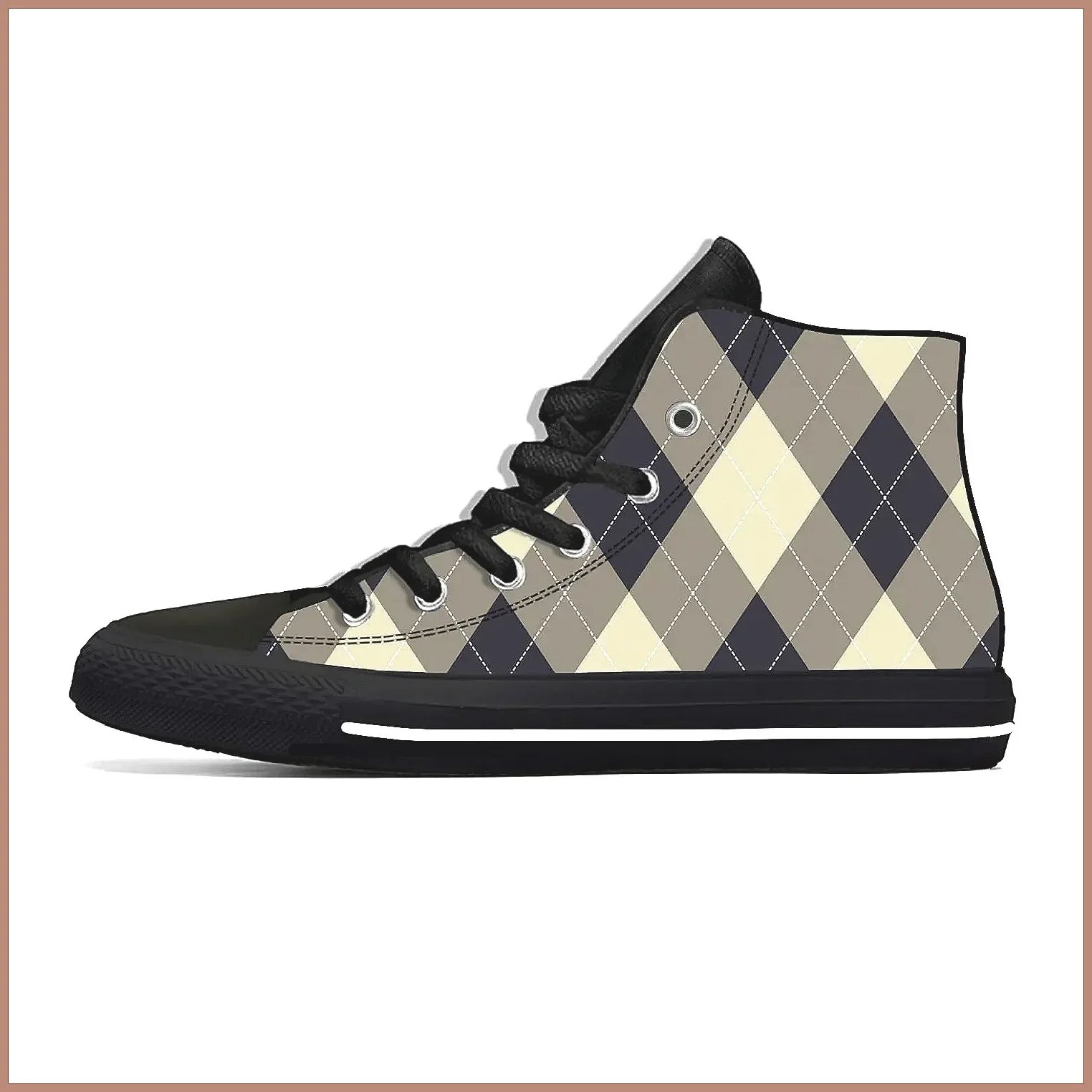 Argyle Diamond Print High Top Sneakers, Summer Lightweight Breathable Casual Shoes Unisex