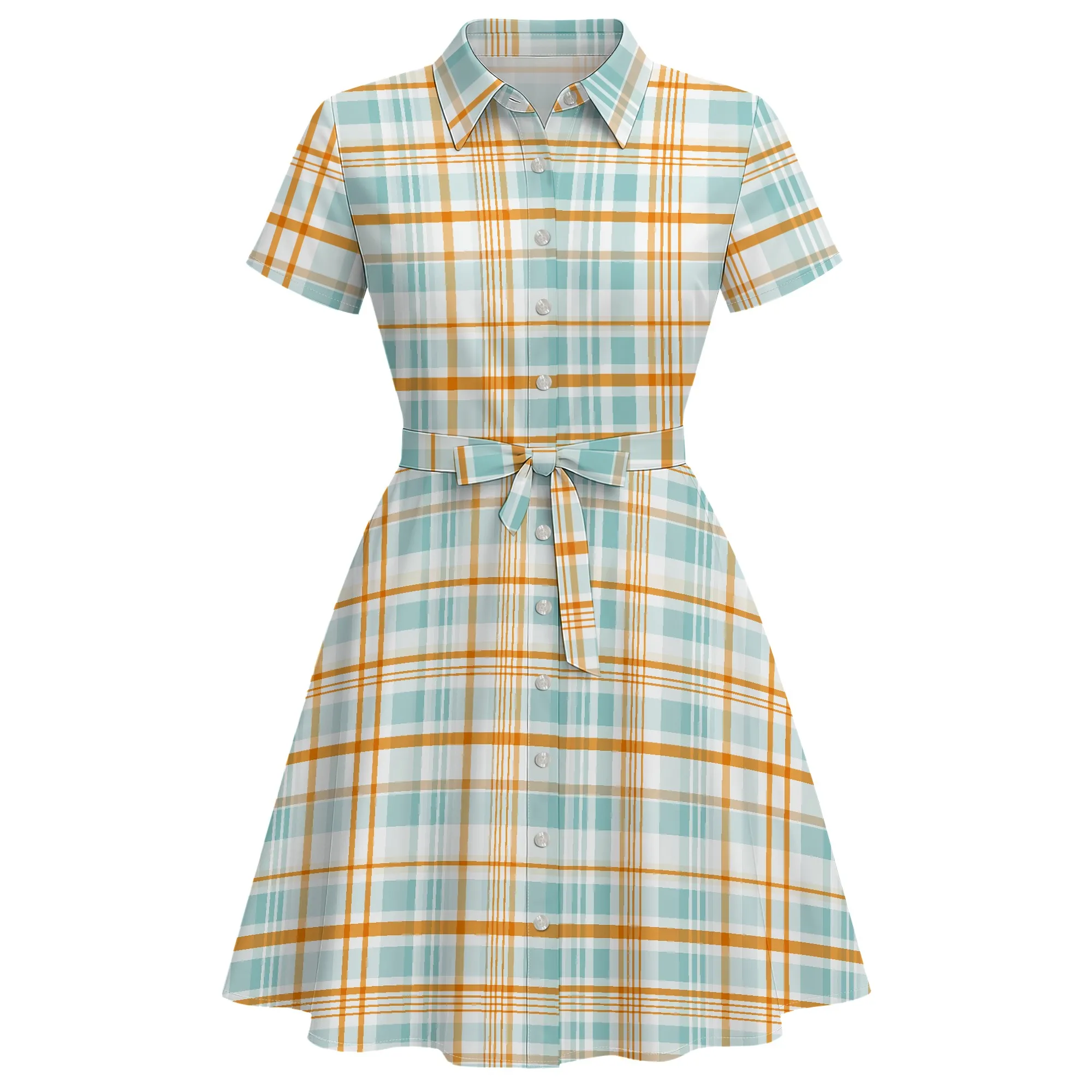 

Nupusa Blue Orange Plaid Print Dress for Women Regular Size Summer Casual Shirt Collar Short Sleeve Belted Midi Dress