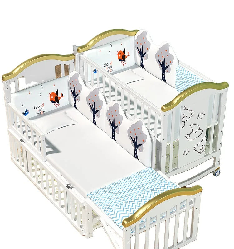 

White Solid Wood Baby Crib and Comfortable Baby Cradle Beds for 0-3 Years Old
