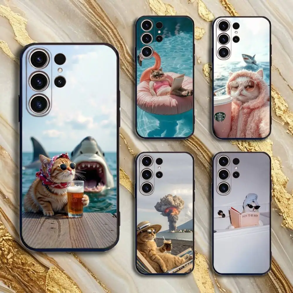 

Relaxation Cat Phone Case For SamsungS25,24,21,22,23,30,Ultra,20,Plus,Fe,Lite,Note,10,9,5G Black Cover