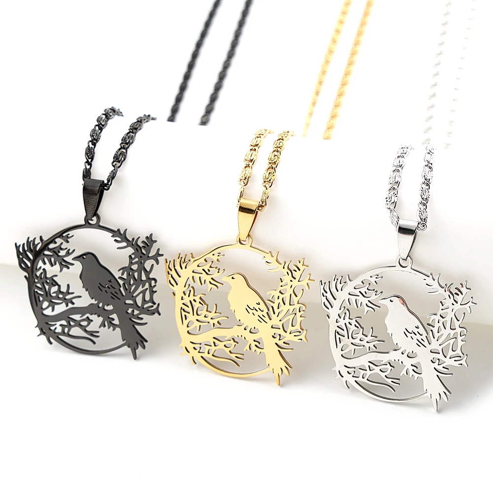 Gothic Hollow Black Raven Branch Pendant Necklace For Women Men Stainless Steel Norse Mythology Crow Animal Plant Jewelry Gift