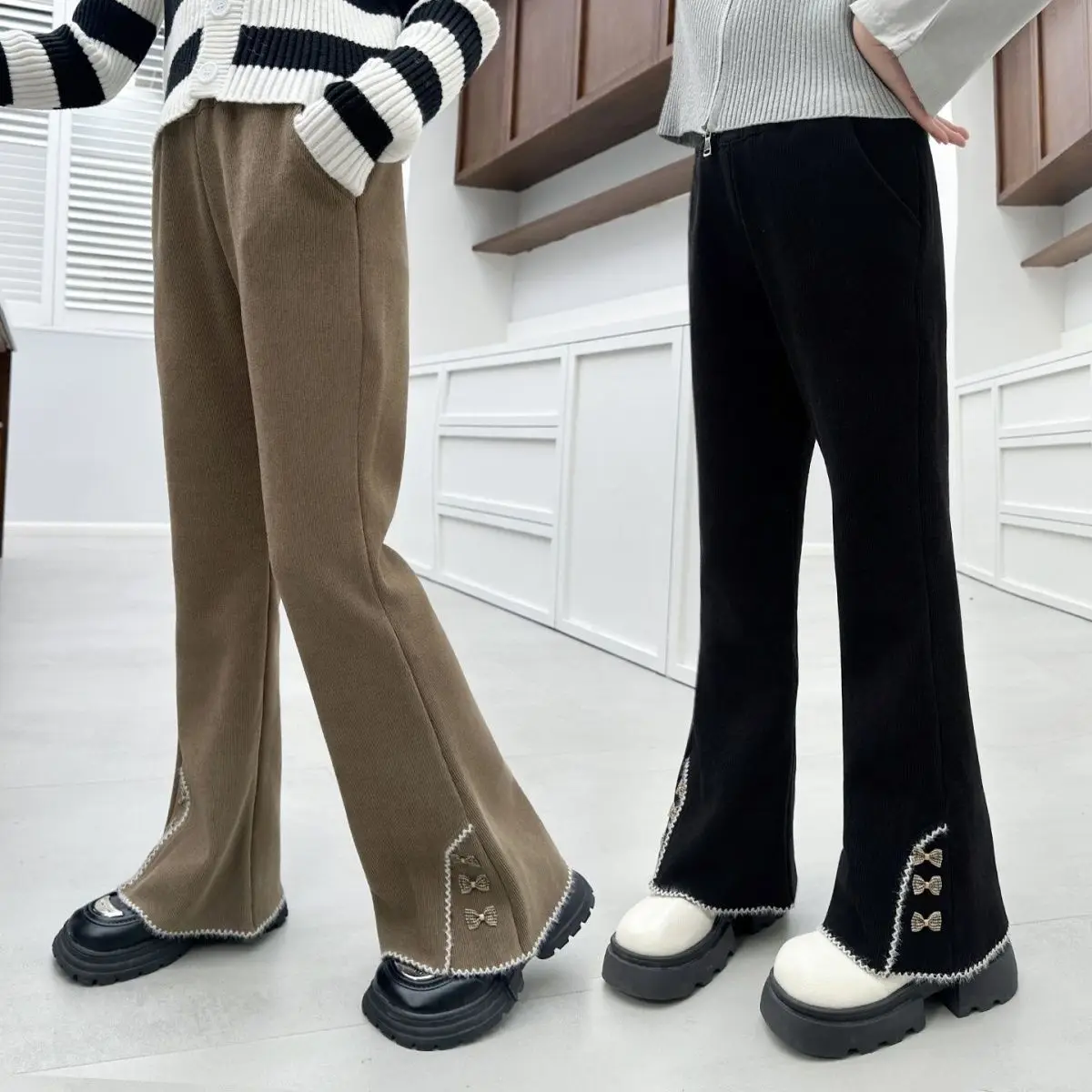 Girls Fleece Lined Flare Pants Autumn Winter Warm Bell Bottom Trousers Kids Fashion Casual Long Pants Children Clothing