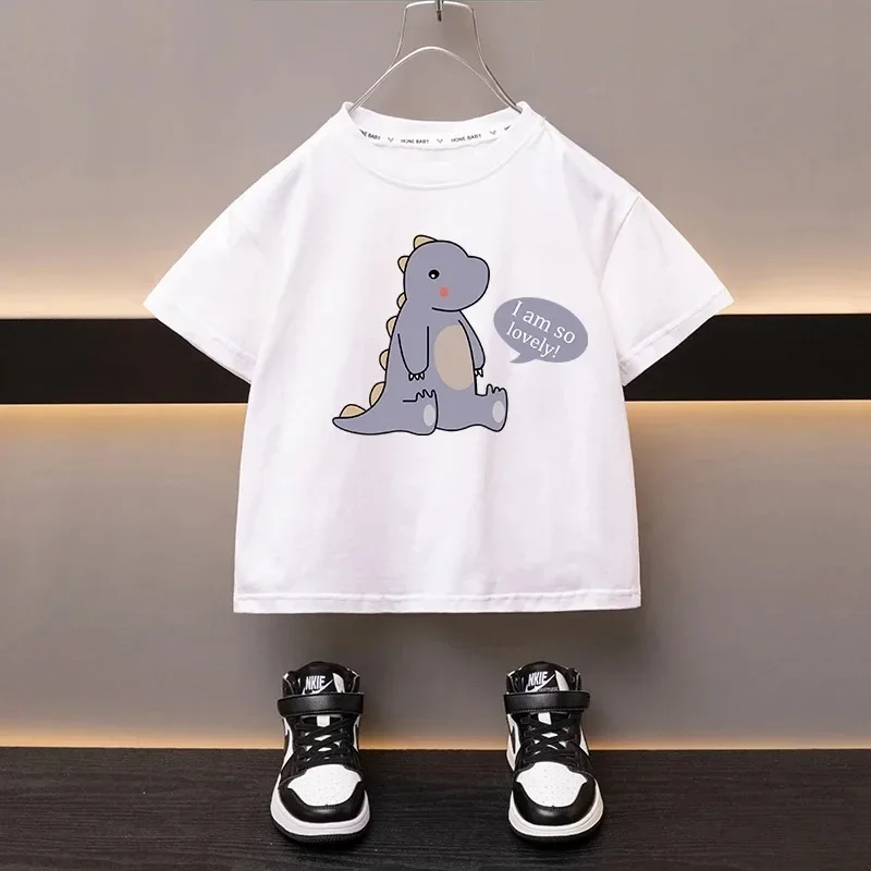 2-12T 100% Cotton Children's T-shirt Girls' Round Neck Black Tees Japan Cartoon Dinosaur Boy Top High Quality Printed Clothing