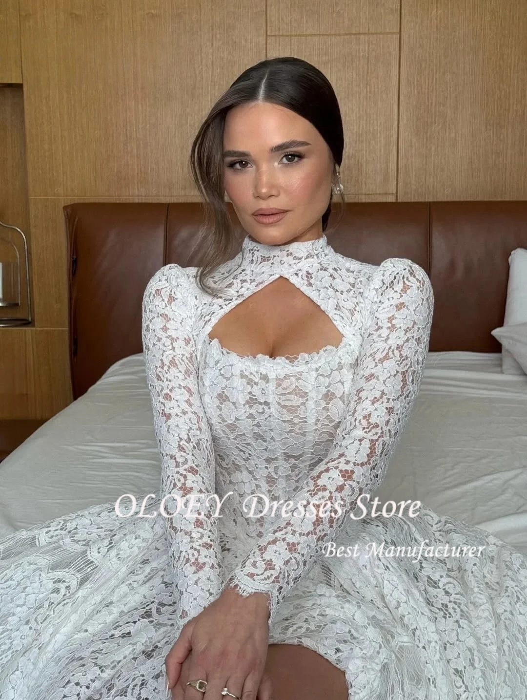 OLOEY, vestido de noche elegante personalizado hasta el suelo con mangas de encaje, vestido de novia de alta calidad, vestido de fiesta nupcial con cuentas de temperamento