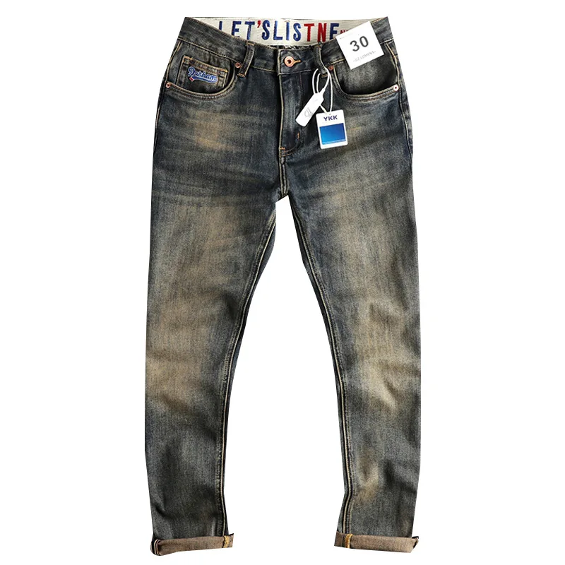 Trendy Retro Yellow Mud Color Washed Worn Jeans Men's Fit Pencil Pants Autumn Versatile 2024 New Long Pants