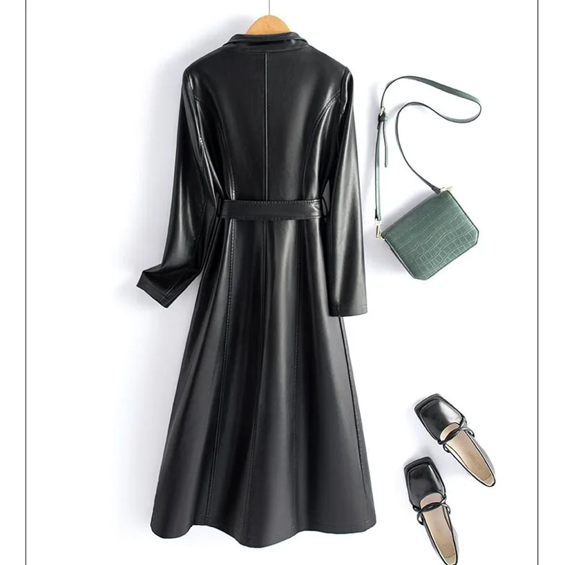 Trench da donna in pelle di pecora Autunno Inverno Moda Colletto alla coreana Doppio petto Cappotto lungo in pelle sottile con lacci Pelle divisa